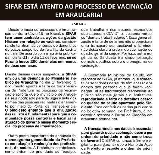 Sifar está atento ao processo de vacinação em Araucária!