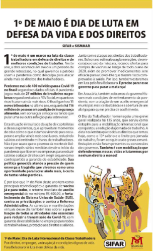 1° de maio é dia de luta em defesa da vida e dos direitos