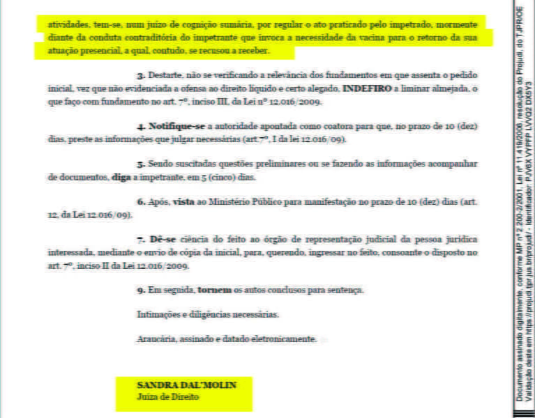 Médico da Prefeitura não aceita tomar a vacina e vai à Justiça para não voltar ao trabalho presencial porque não foi imunizado