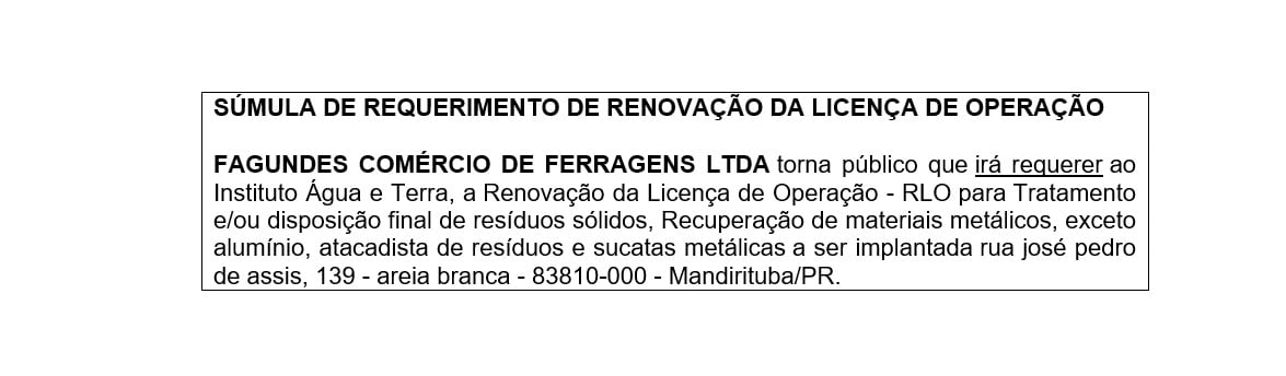 SÚMULA DE REQUERIMENTO DE RENOVAÇÃO DA LICENÇA DE OPERAÇÃO