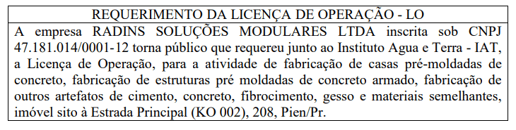 Publicidade Legal: Requerimento da licença de operação - LO