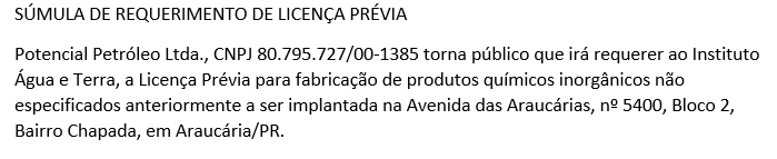 Publicidade Legal: Súmula de requerimento de licença prévia