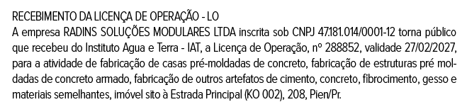 Publicidade Legal: Recebimento da licença de operação - LO