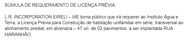 Publicidade Legal: Súmula de requerimento de licença prévia