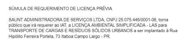 Publicidade Legal: Súmula de requerimento de licença prévia