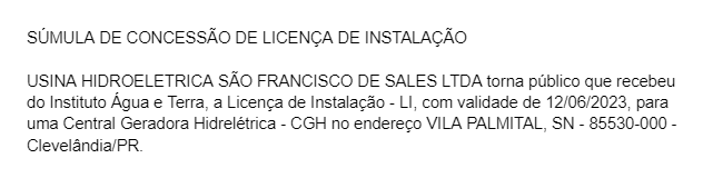 Publicidade Legal: Súmula de concessão de licença de instalação