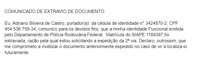 Publicidade Legal: Comunicado de extravio de documento