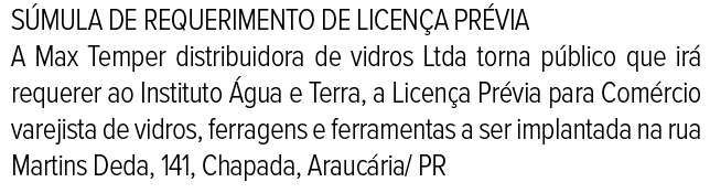 Publicidade Legal: Súmula de requerimento de licença prévia