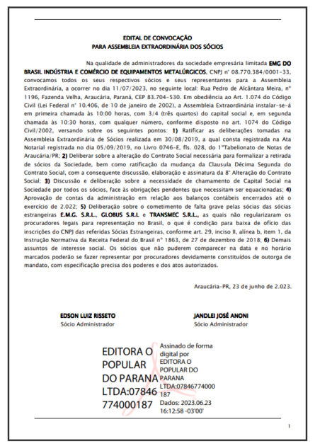 Publicidade Legal: Edital de convocação para assembleia extraordinária dos sócios EMG do Brasil Indústria e Comércio de Equipamentos Metalúrgicos