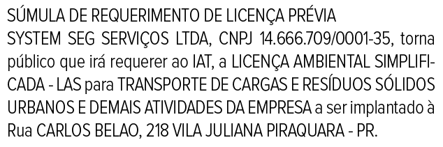 Publicidade Legal: Súmula de requerimento de licença prévia