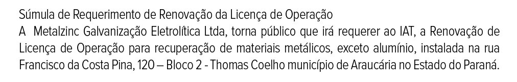 Publicidade Legal: Súmula de Requerimento de Renovação da Licença de Operação