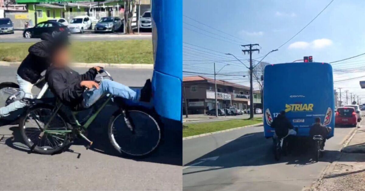 Piazada do djanho pega rabeira em ônibus e colocam em risco a própria vida