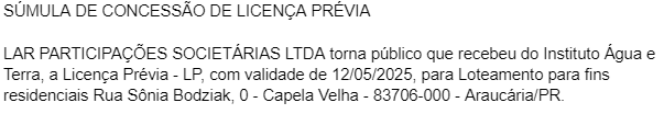 Publicidade Legal: Súmula de concessão de licença prévia