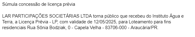 Publicidade Legal: Súmula concessão de licença prévia