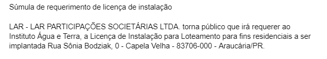 Súmula de requerimento de licença de instalação