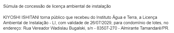 Súmula de concessão de licença ambiental de instalação