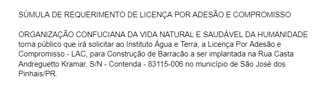 Publicidade Legal: Súmula de requerimento de licença por adesão e compromisso