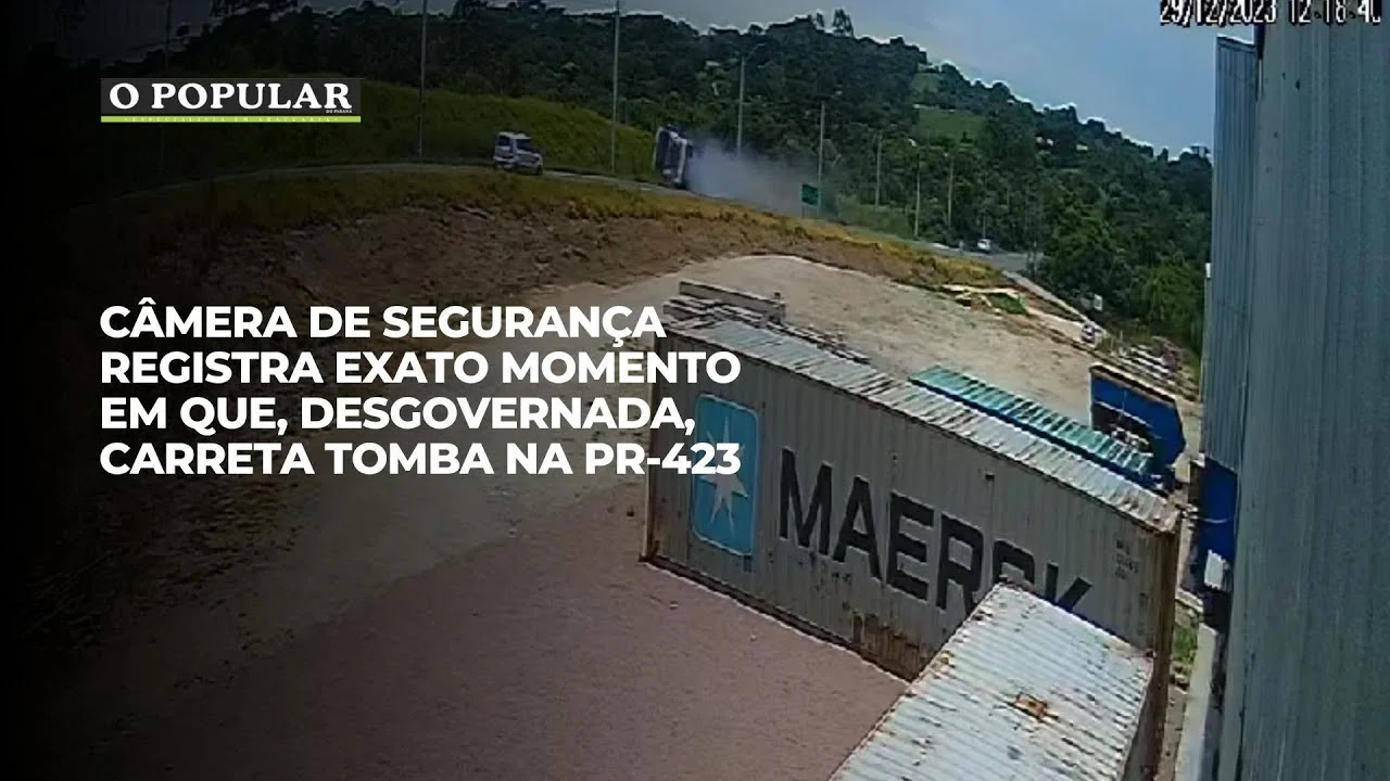 Câmera de segurança registra exato momento em que, desgovernada, carreta tomba na PR-423