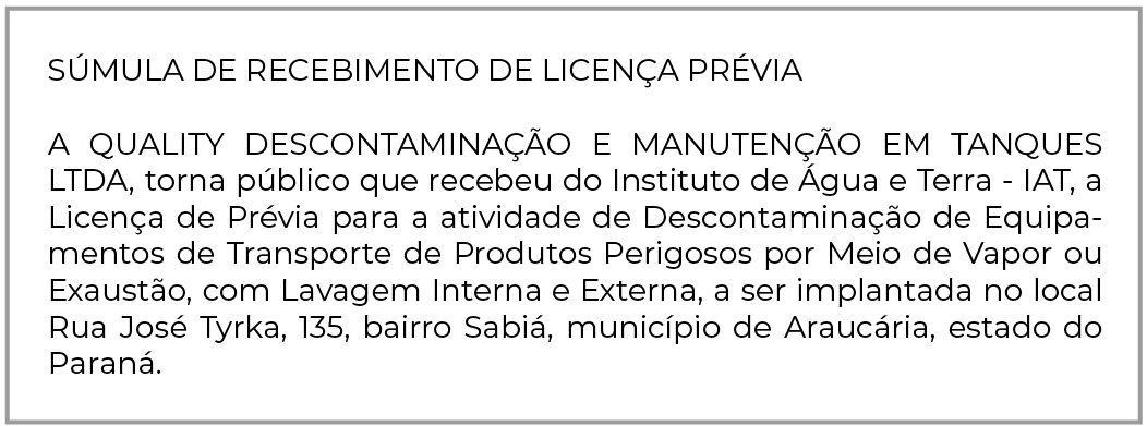 Publicidade Legal: SÚMULA DE RECEBIMENTO DE LICENÇA PRÉVIA