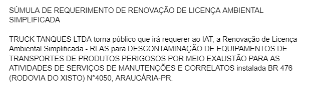 Publicidade Legal: SÚMULA DE REQUERIMENTO DE RENOVAÇÃO DE LICENÇA AMBIENTAL SIMPLIFICADA