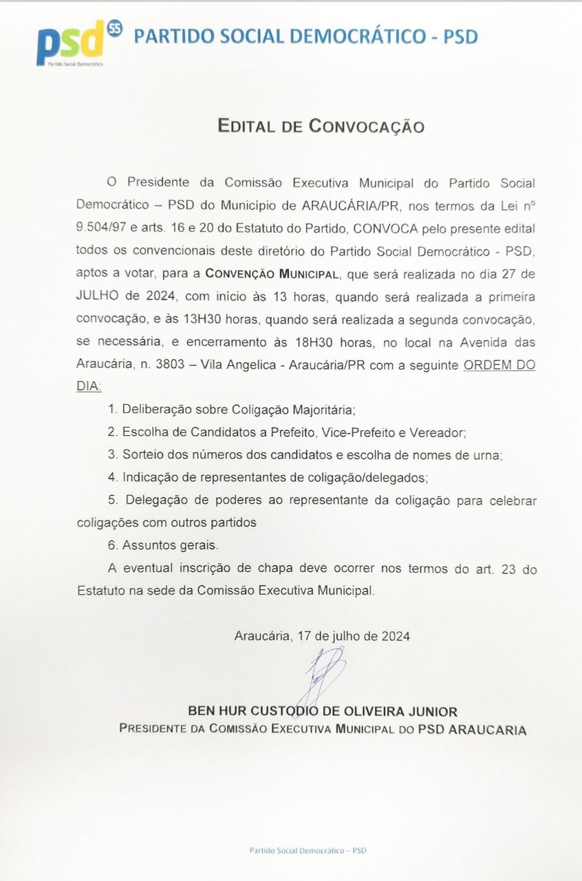 Edital de convocação - Partido Social Democrático - PSD