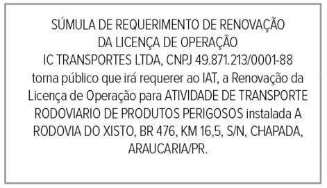 Publicidade Legal: Súmula de requerimento de renovação da licença de operação