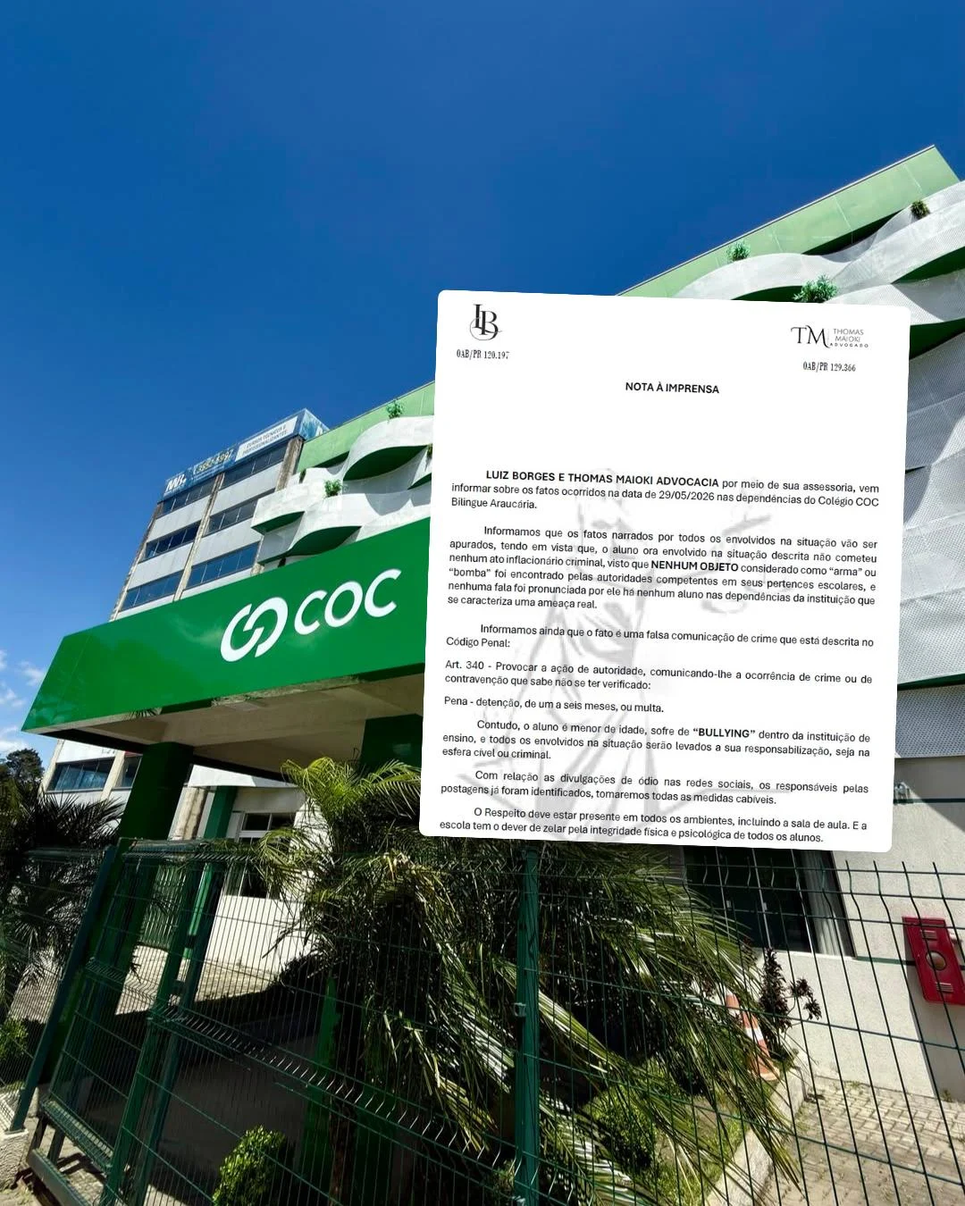 Caso COC: família diz que adolescente não fez ameaça e que ele é vítima de bullying no colégio