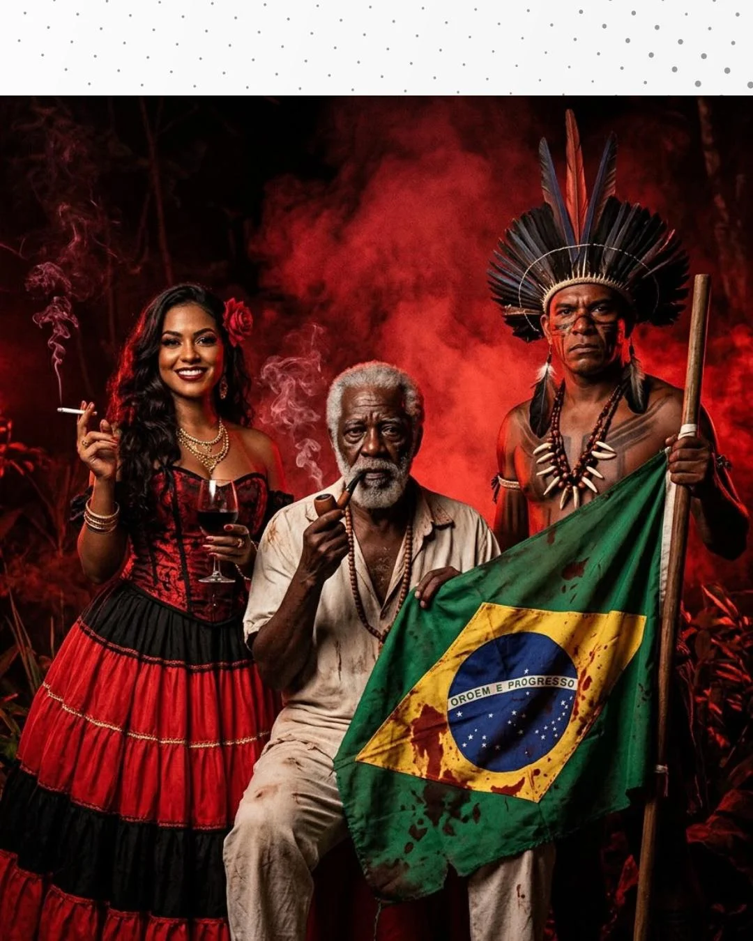 Vando Fortuna: Pombagiras, pretos-velhos e caboclos. Partido político: bandeira vermelho-sangue